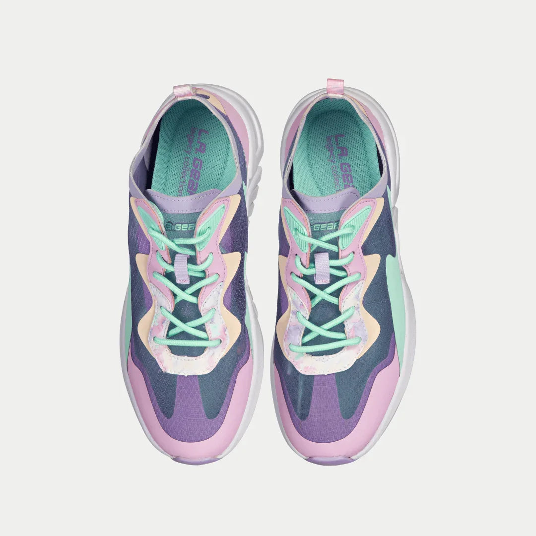 Top view of LA Gear Women's Mid-City Lowtop | Lavender x Pink sneakers with colorful abstract design and comfort features.