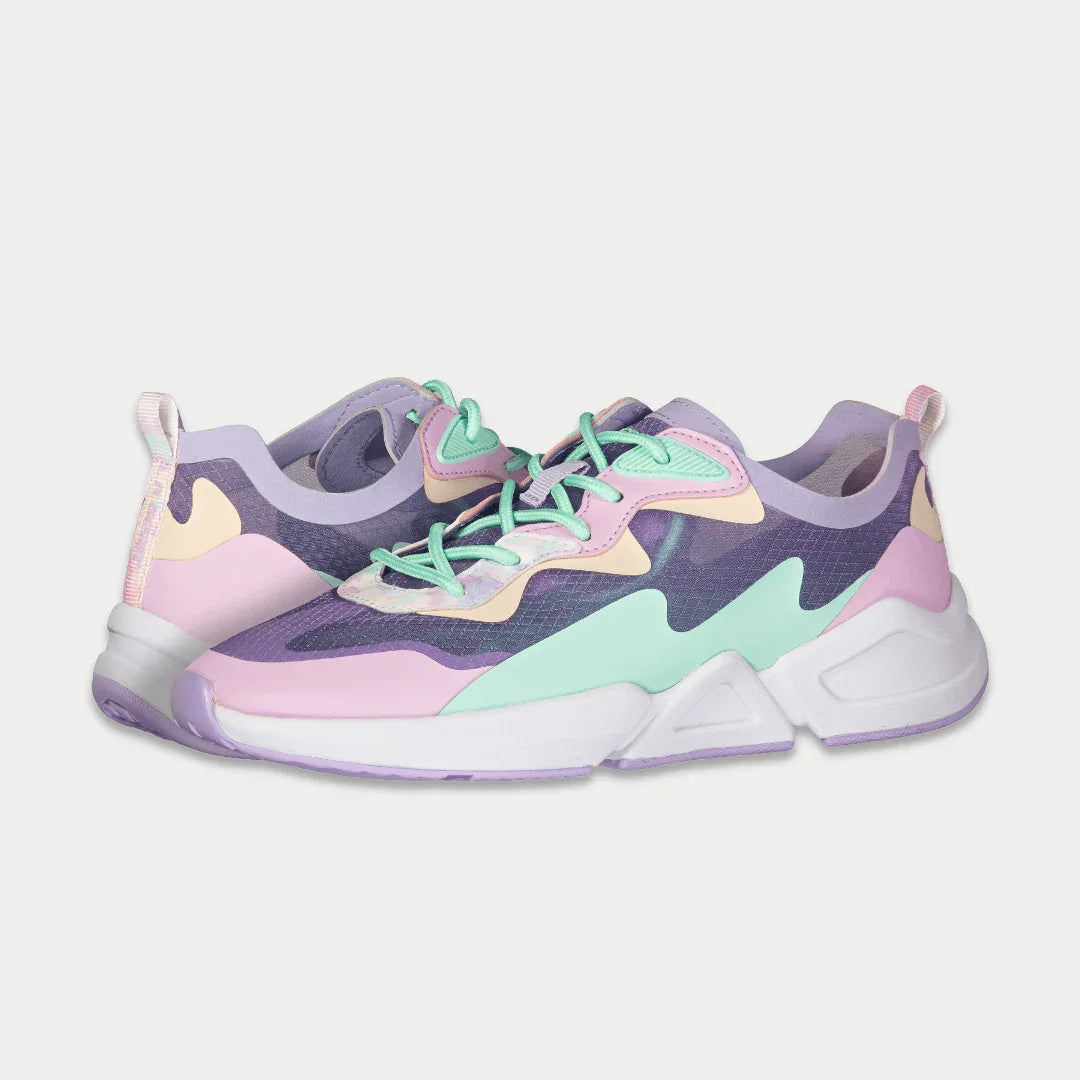 LA Gear Women's Mid-City Lowtop | Lavender x Pink sneakers with mesh upper and rugged abstract design for stylish comfort.