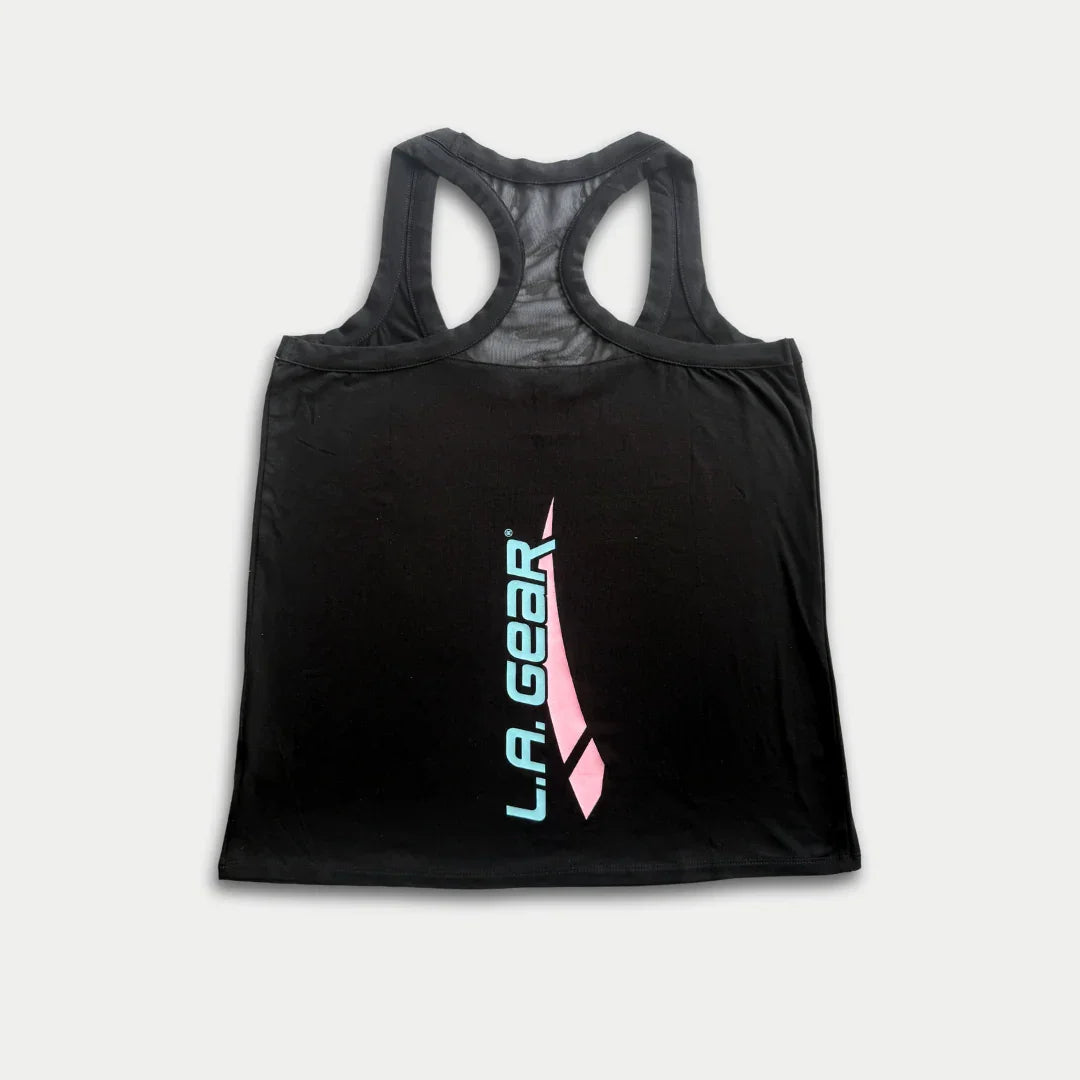 LA Gear Women’s Racerback Tank | Black with Aqua x Pink Logo, featuring a retro design with breathable mesh panel.
