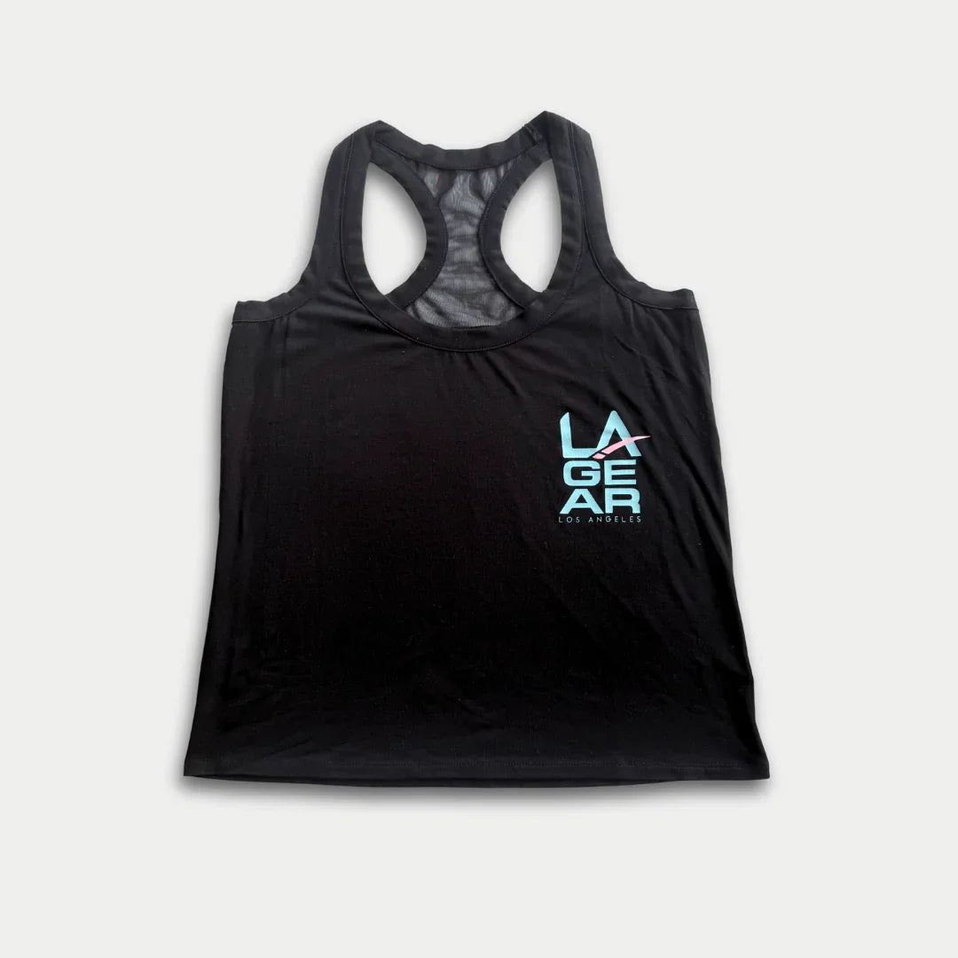 LA Gear Women’s Racerback Tank | Black with Aqua x Pink Logo, showcasing mesh panel back and pastel retro logo.
