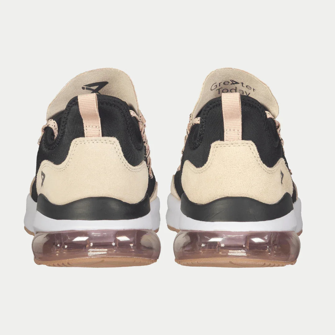 Back view of LA Gear Women’s Runyon Lowtop | Black x Pink sneakers with cushioned gel outsole and suede accents.