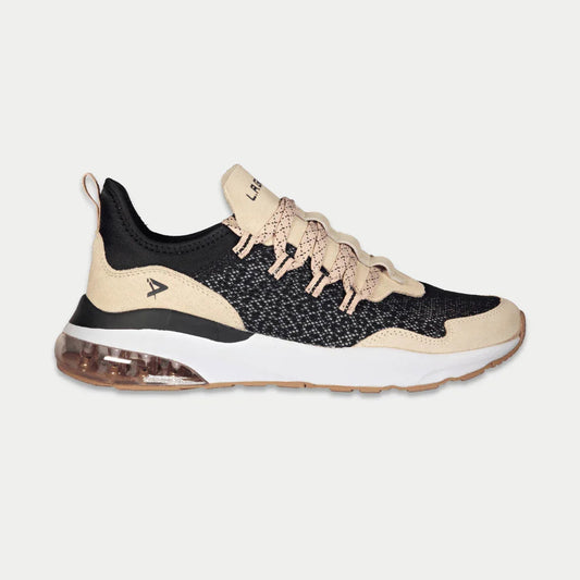 LA Gear Women’s Runyon Lowtop | Black x Pink sneaker featuring mesh and suede design with cushioned gel outsole for comfort.