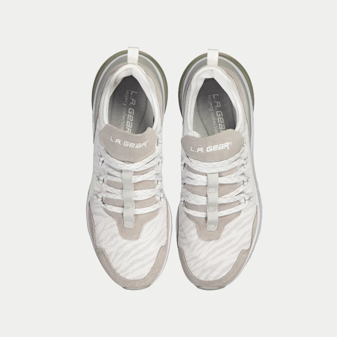 Top view of LA Gear Women's Runyon Lowtop | White x Gray shoes showcasing multi-layer mesh and suede tongue.