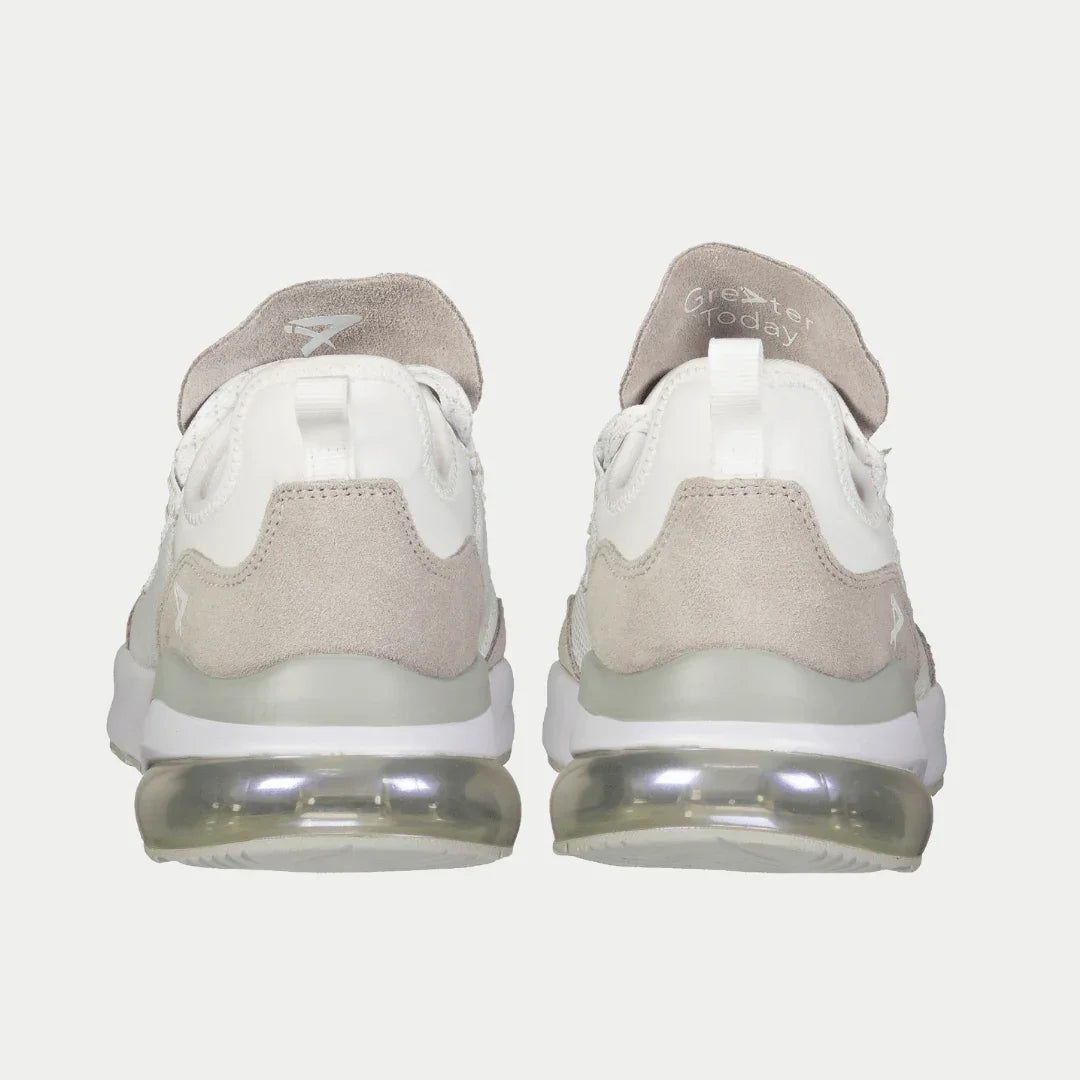 Back view of LA Gear Women's Runyon Lowtop | White x Gray showcasing cushioned gel outsole and premium suede tongue.