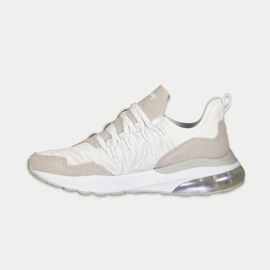 LA Gear Women's Runyon Lowtop | White x Gray sneaker with breathable mesh and suede detailing.