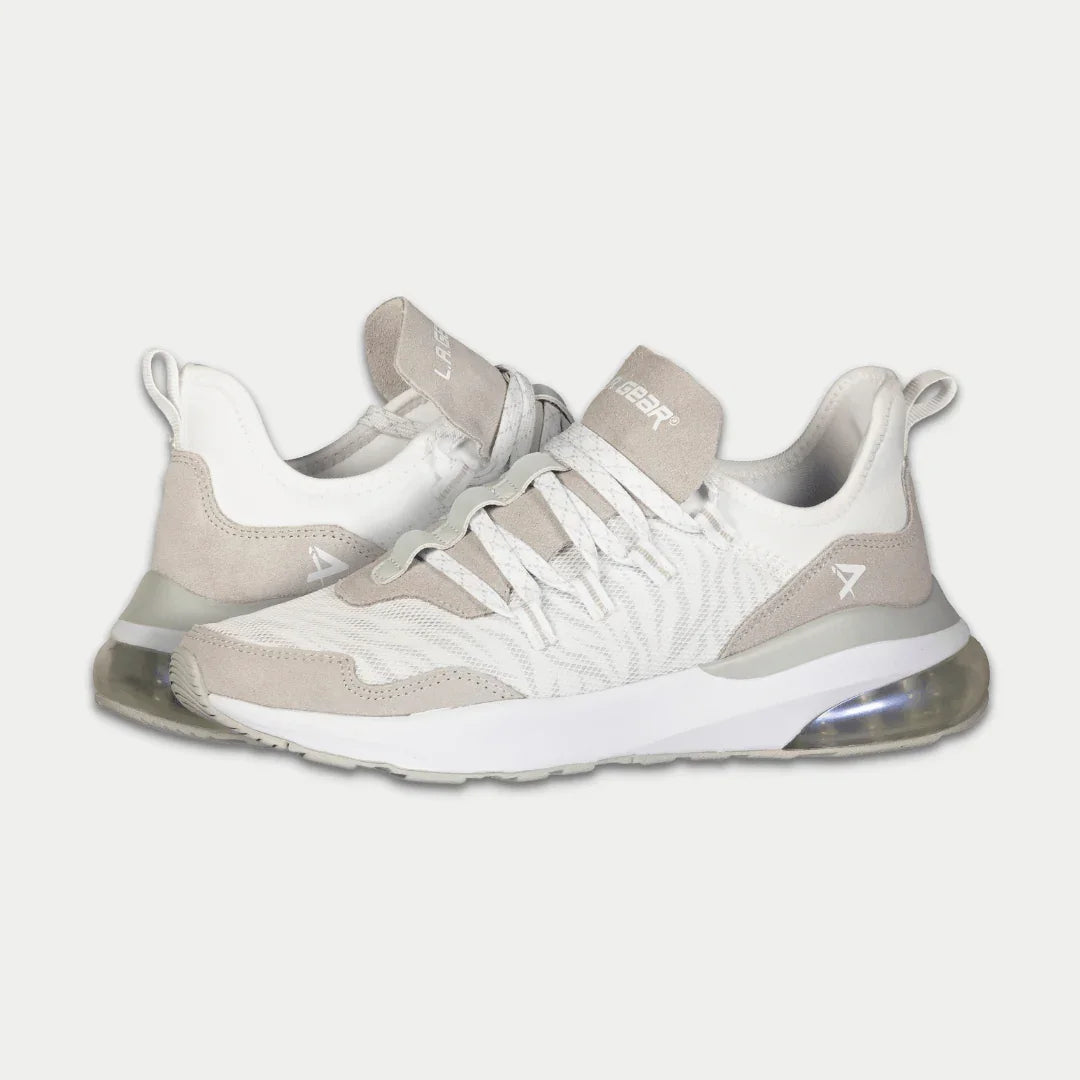 LA Gear Women's Runyon Lowtop | White x Gray sneakers with mesh and suede design, featuring cushioned gel soles for comfort and style.