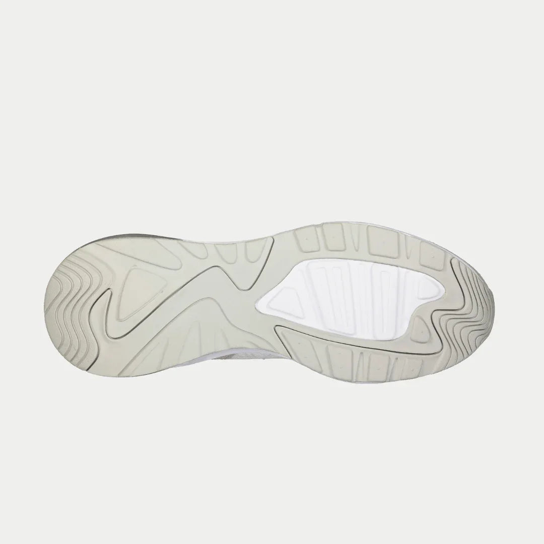 LA Gear Women's Runyon Lowtop | White x Gray, bottom view showcasing traction pattern of cushioned gel outsole.