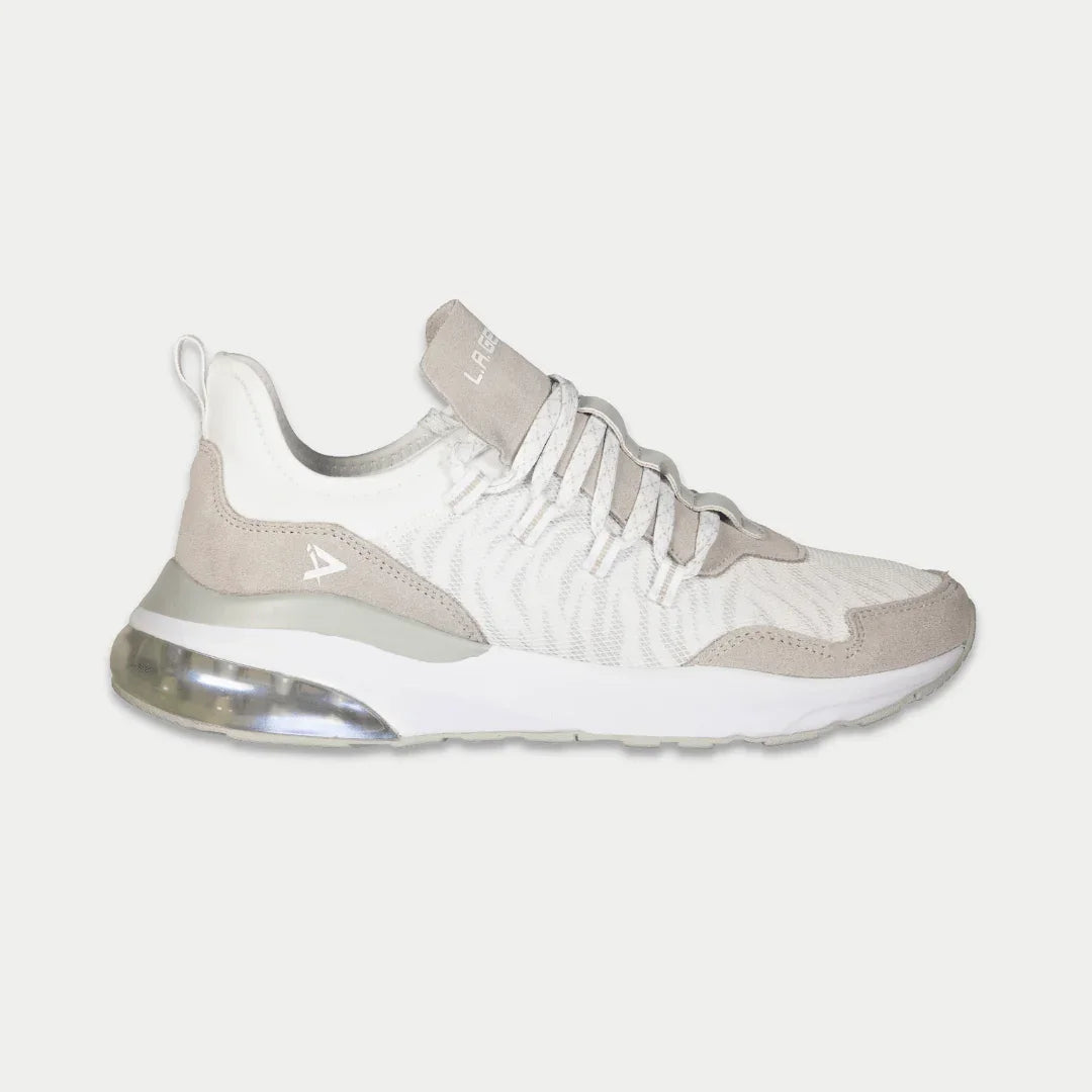 LA Gear Women's Runyon Lowtop | White x Gray sneaker with mesh and suede details, gel outsole, and removable foam insoles.