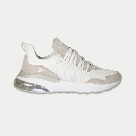 LA Gear Women's Runyon Lowtop | White x Gray sneaker with mesh and suede details, gel outsole, and removable foam insoles.