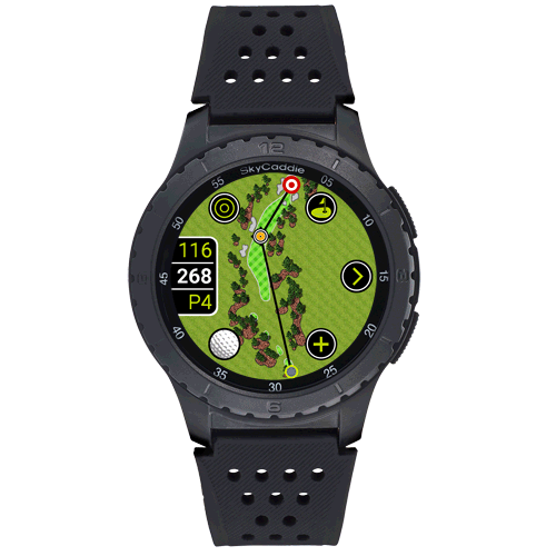 SkyCaddie ® LX5 smart golf watch with large color touchscreen displaying a golf course map.