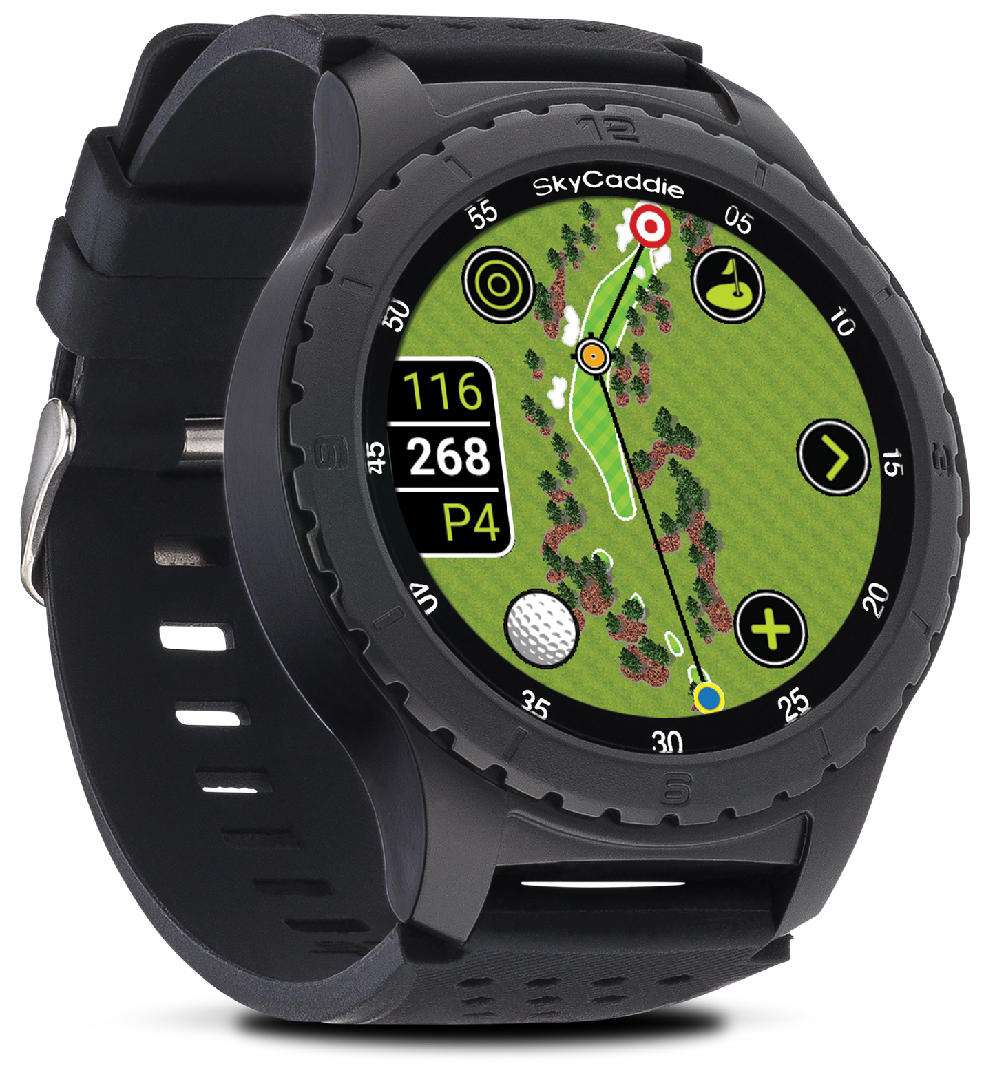 SkyCaddie ® LX5 smartwatch with bright color touchscreen displaying golf course maps, available with extended warranty and demo sale.