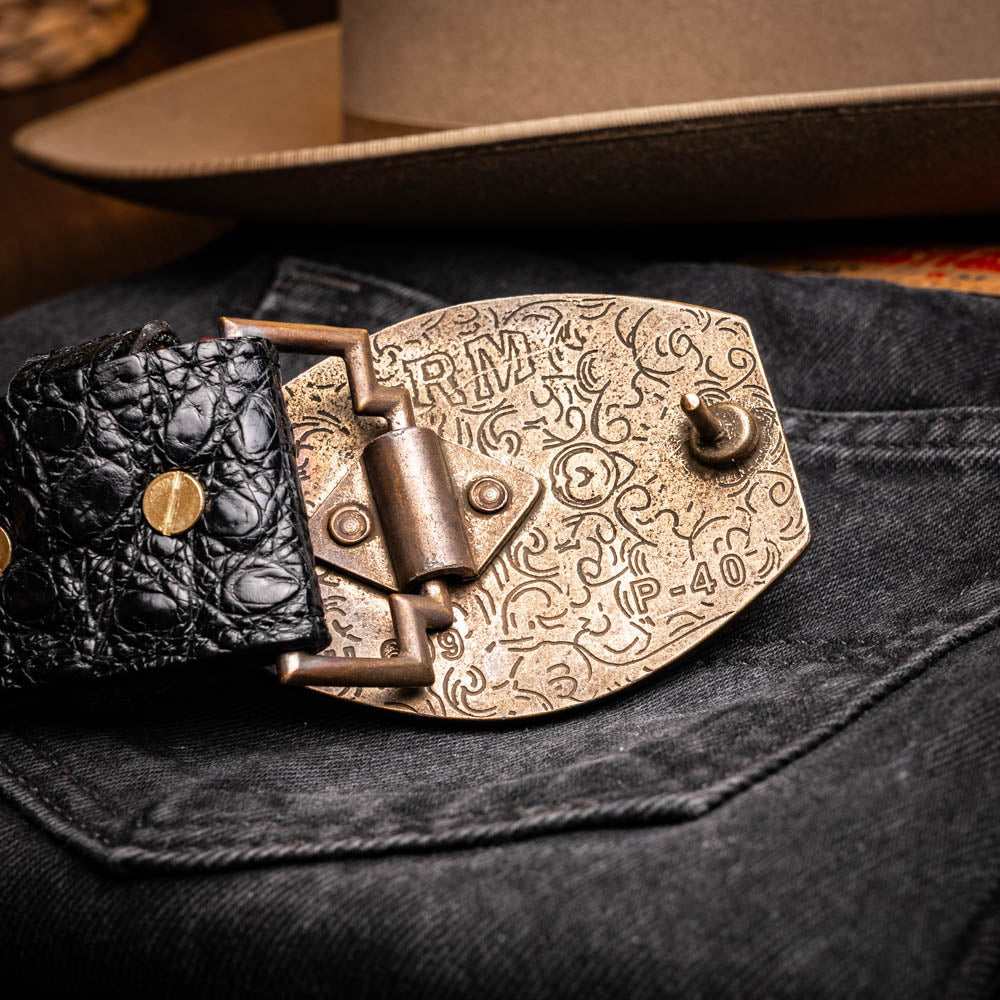 Marlboro Belt Black with genuine hornback caiman skin and antique brass buckle on black denim