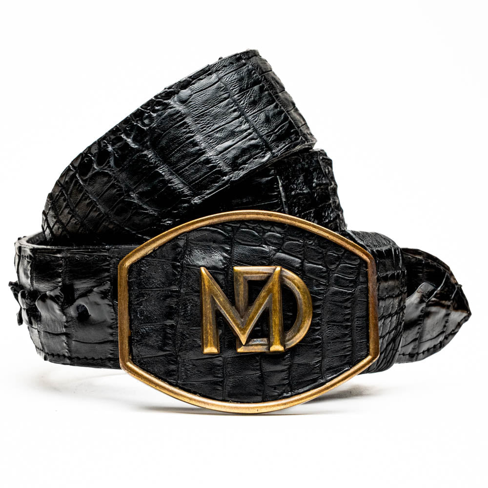 Marlboro Belt Black crafted from genuine hornback caiman crocodile skin with antique brass buckle and leather lining.