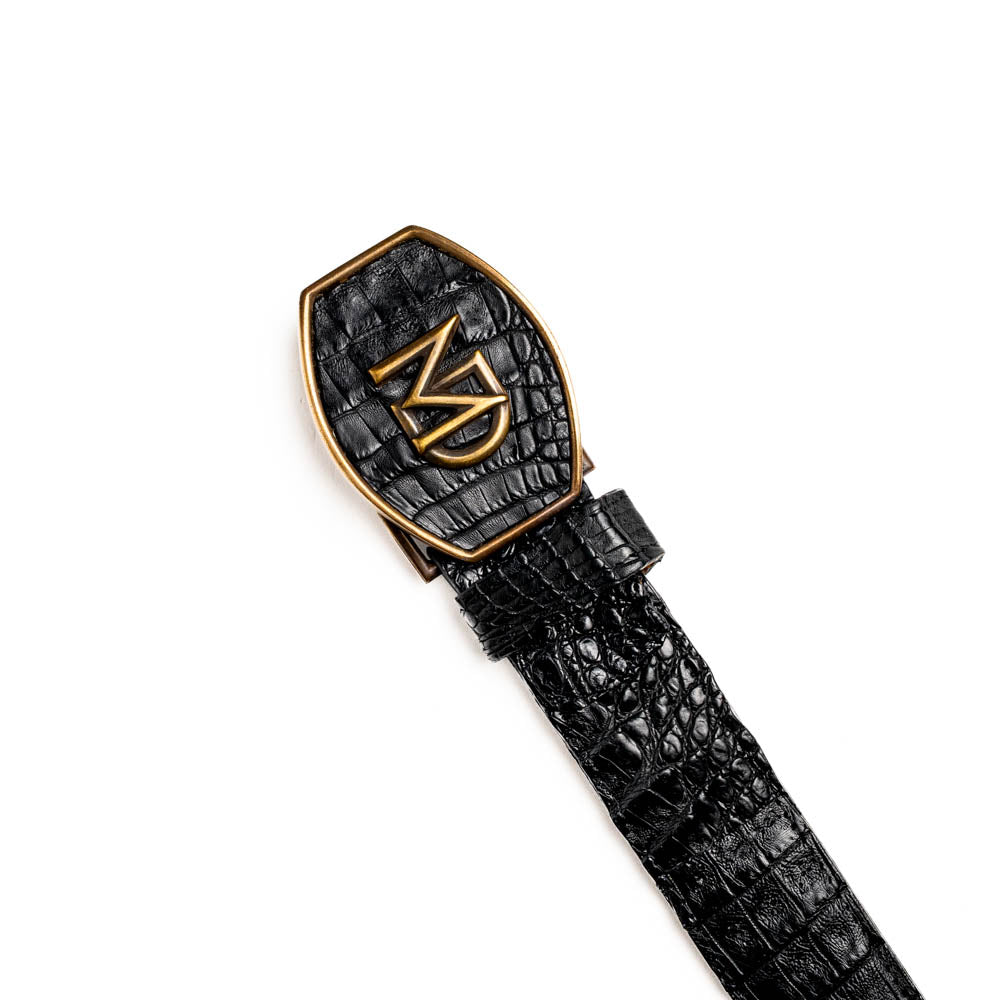 Marlboro Belt Black with hornback caiman skin and antique brass buckle.