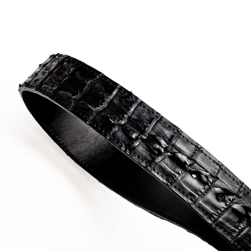 Marlboro Belt Black made of genuine hornback caiman skin with raised spine texture and polished antique brass buckle.