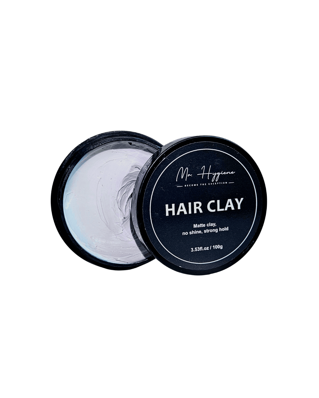 Open jar of hair clay displaying product texture, labeled "Matte Finish Hair Clay - Strong Hold. Zero Shine. All-Day Control."