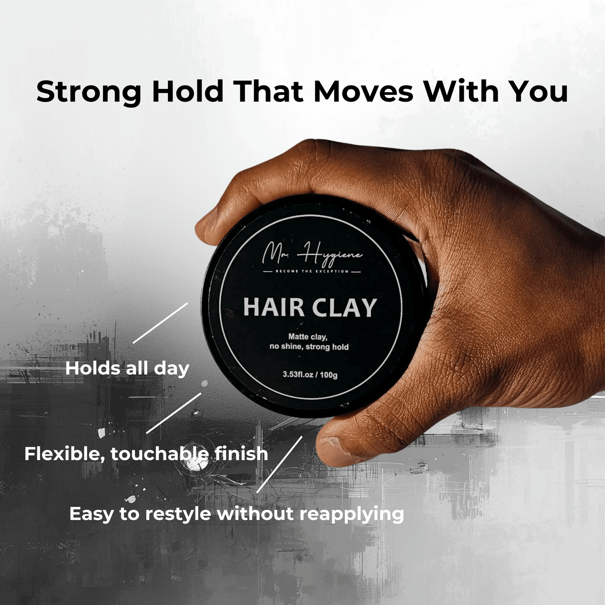 Person holding Matte Finish Hair Clay - Strong Hold. Zero Shine. All-Day Control. showcasing product benefits.