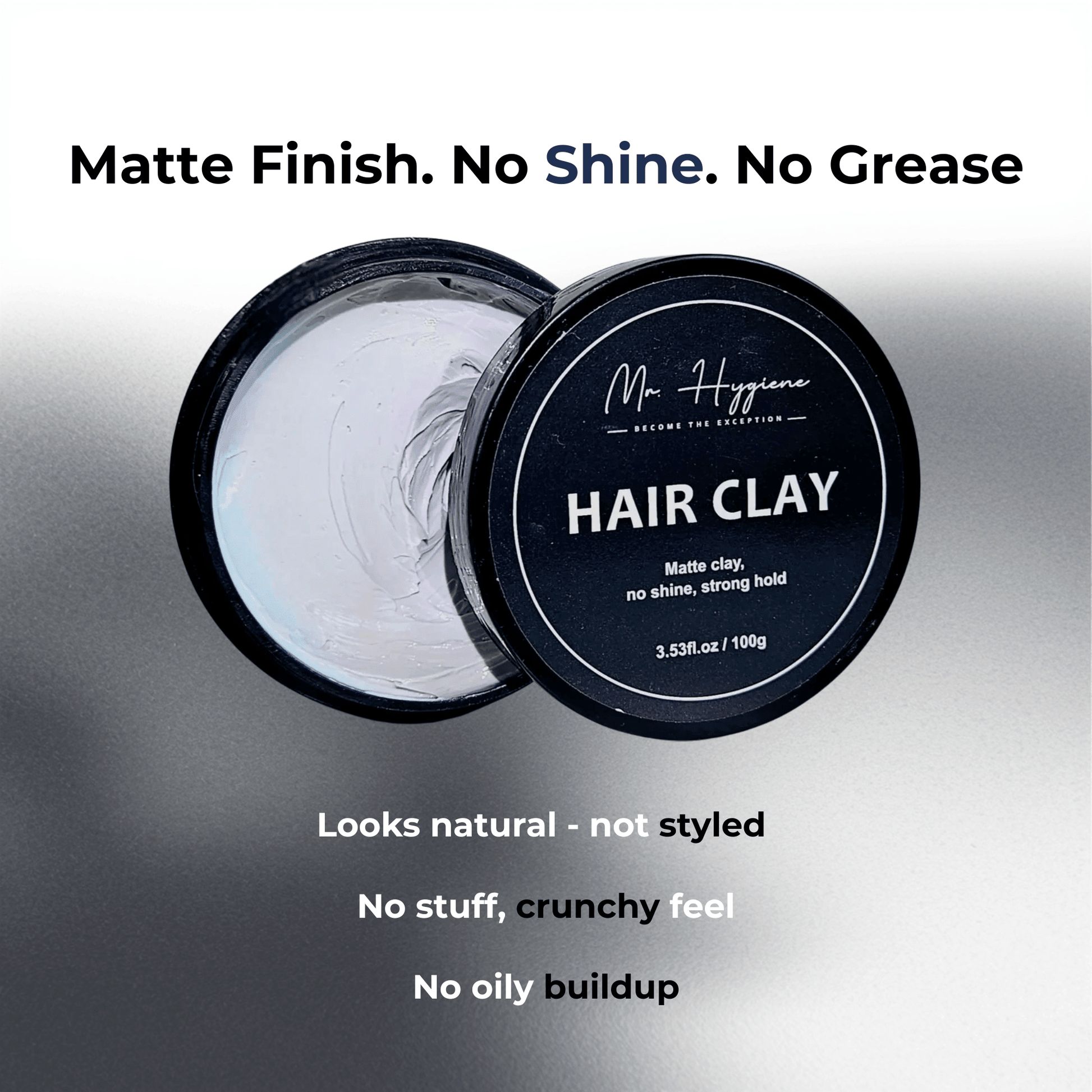 Matte Finish Hair Clay - Strong Hold. Zero Shine. All-Day Control. Open hair clay container with product features in text.