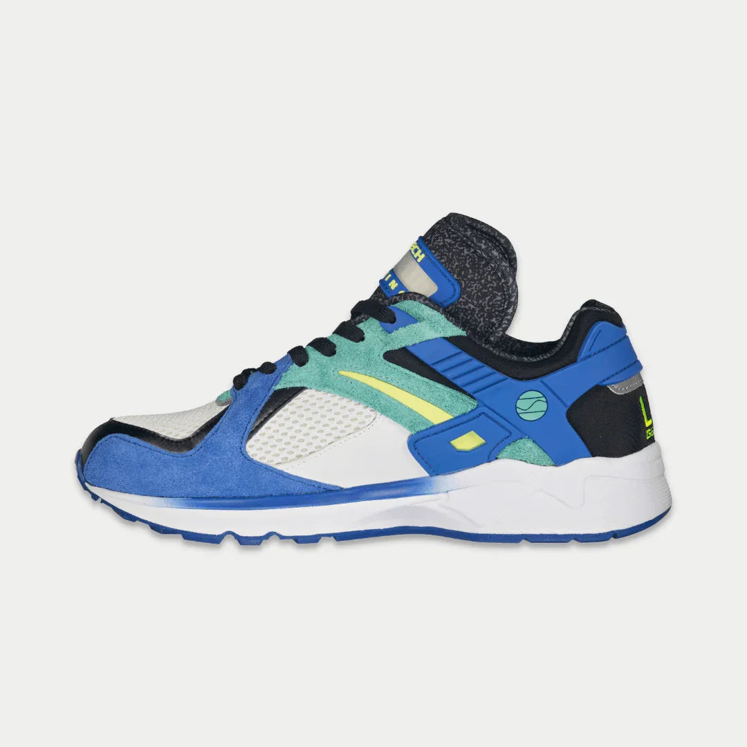 LA Gear Men's Catapult Light-Up Lowtop | Blue x Green sneaker, side view of iconic 90s-inspired shoe with leather and gel sock liner.