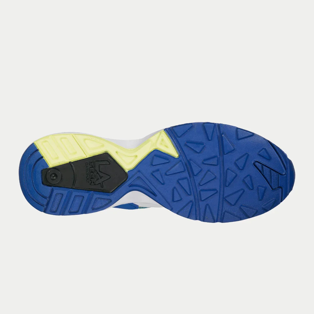 Sole view of LA Gear Men's Catapult Light-Up Lowtop | Blue x Green sneaker showcasing unique tread pattern.