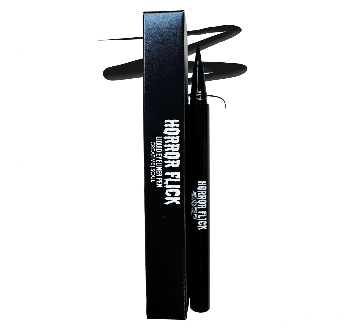 Midnight ultra black liquid eyeliner pen with precise applicator, Horror Flick packaging, long-lasting waterproof formula.