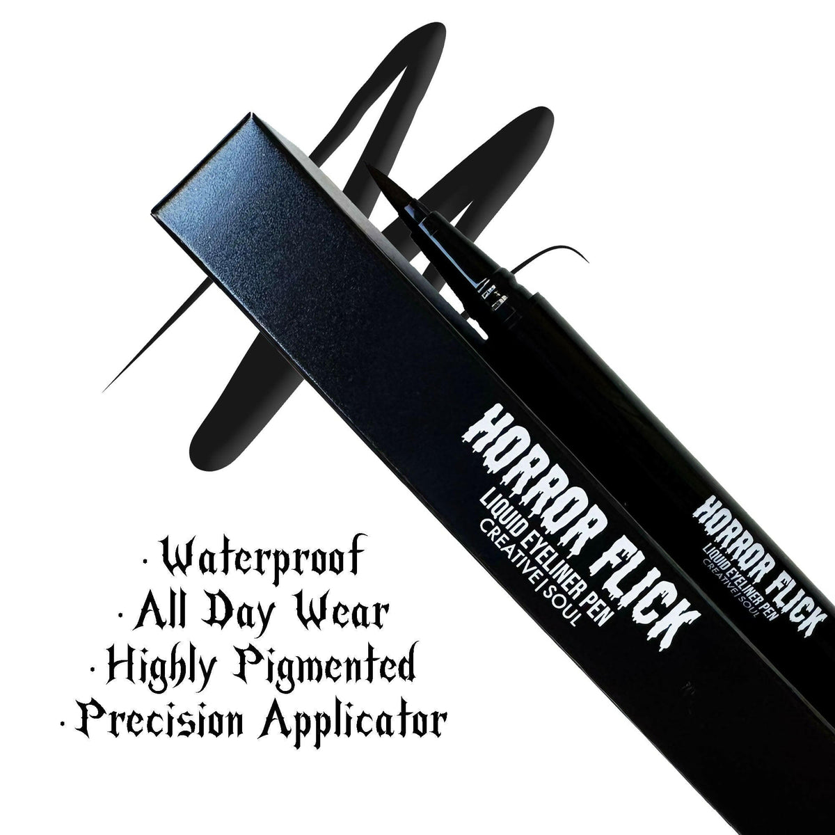 Midnight ultra black Horror Flick liquid eyeliner pen with precision tip, waterproof and long-lasting for all-day wear and smudge-proof results.