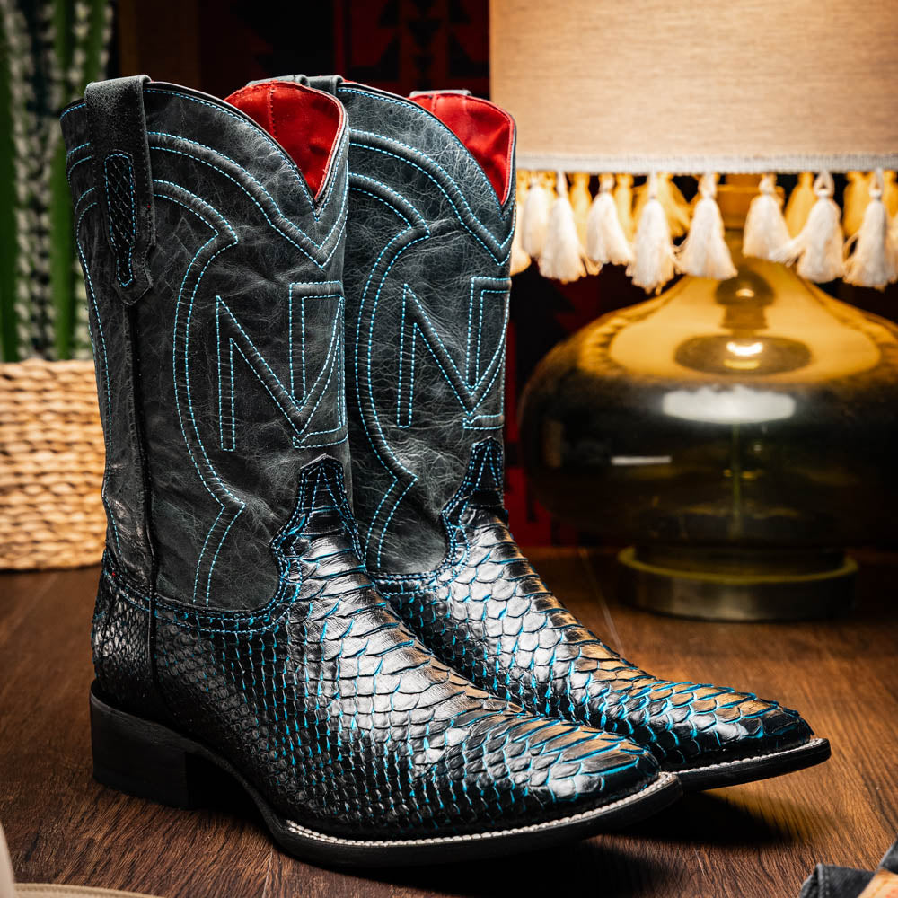 Missouri Black / Blue genuine python skin cowboy boot with square toe detail, showcasing premium craftsmanship and exotic materials.
