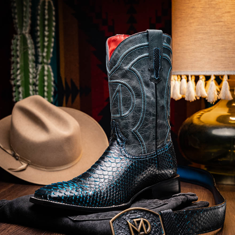 Missouri Black / Blue python skin cowboy boot with square toe and full-grain leather shaft from Western Collection.