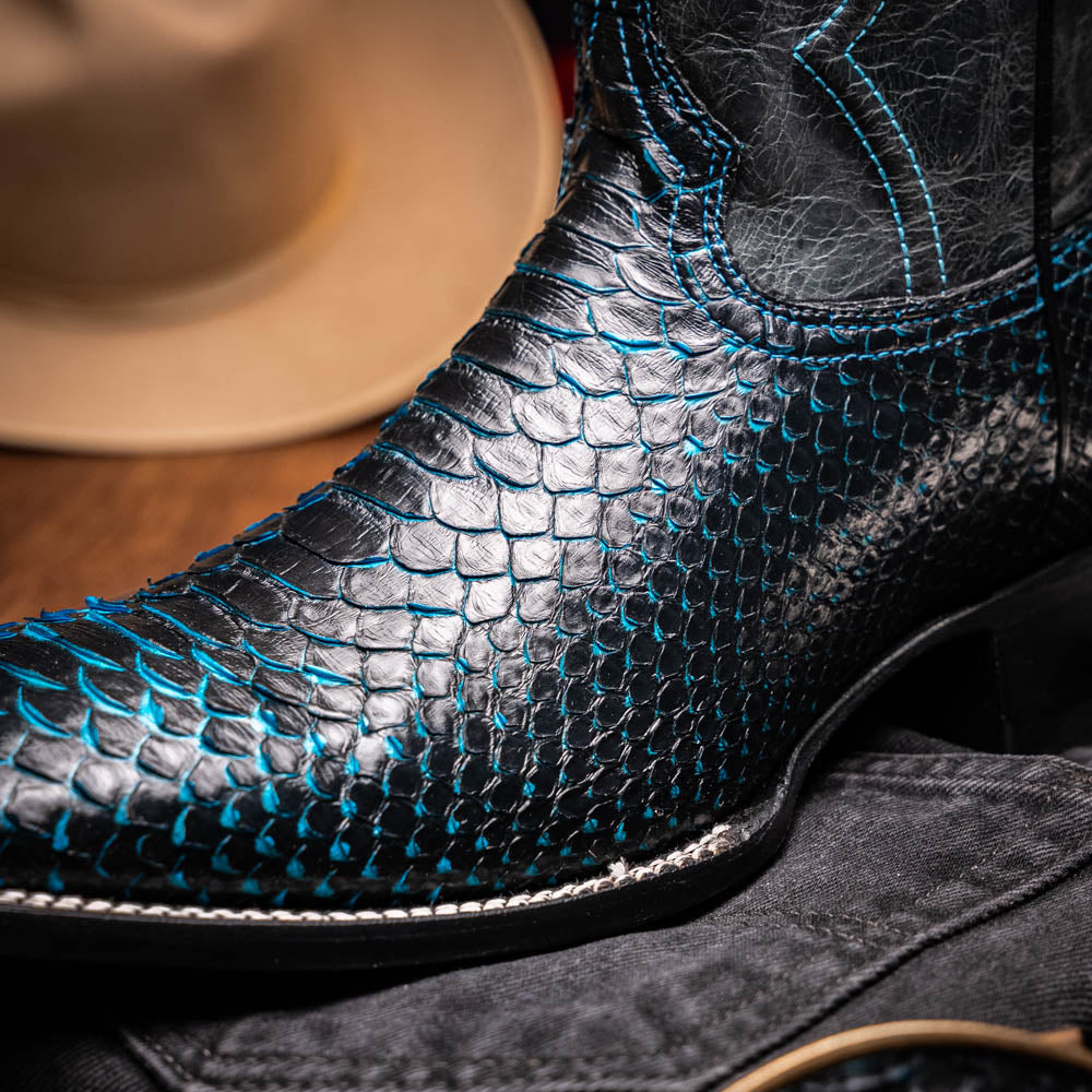 Missouri Black / Blue Python Skin Cowboy Boot with Western design and square toe, handcrafted from genuine exotic materials.