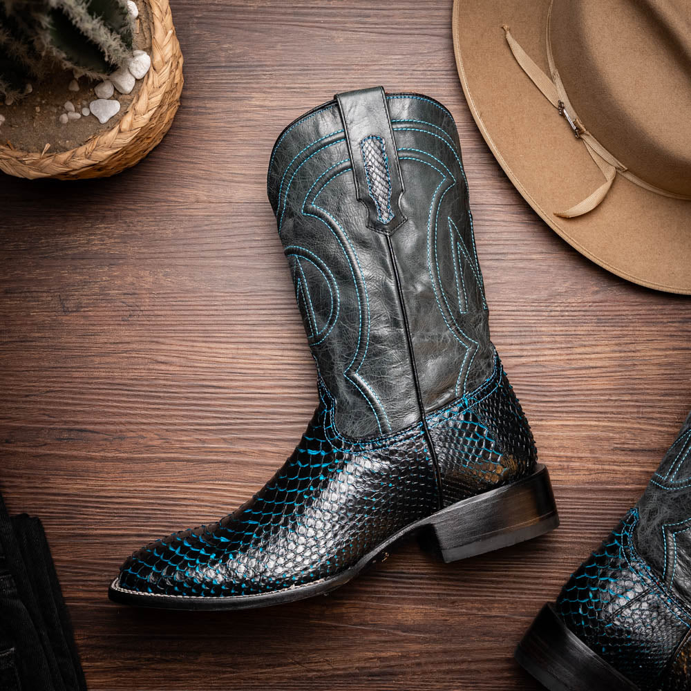 Missouri Black / Blue cowboy boot made from genuine Python skin and full-grain leather, showcasing Western craftsmanship.