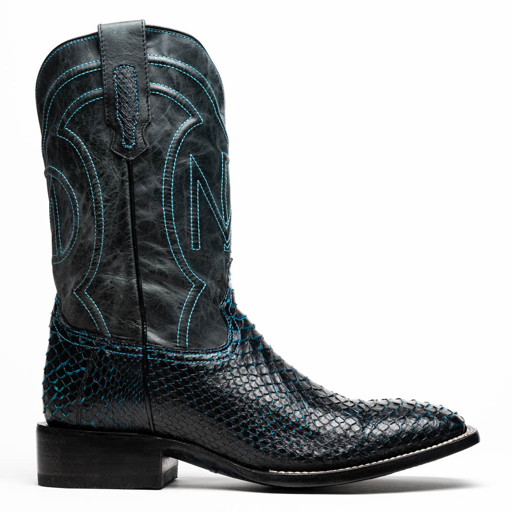 Missouri Black / Blue genuine Python skin cowboy boot showcasing bold design and square toe from the Western Collection.