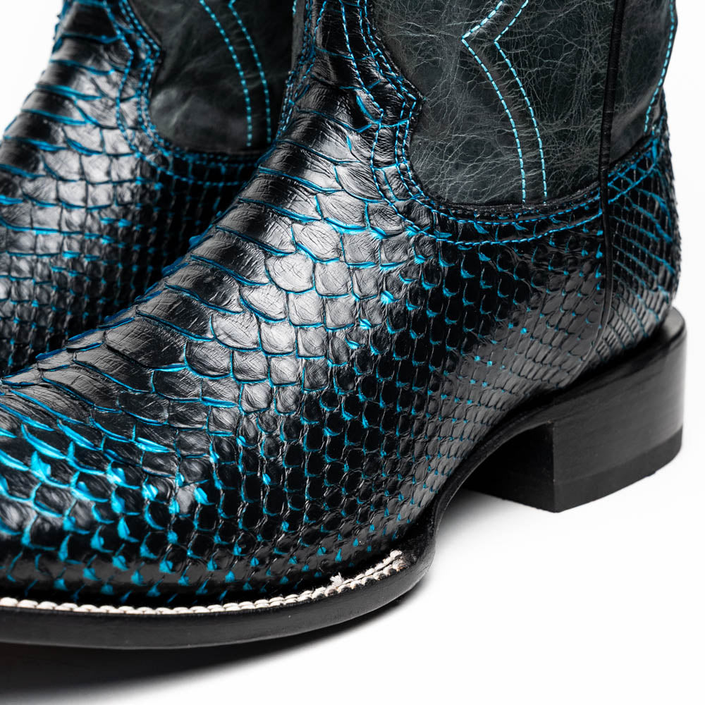 Missouri Black / Blue genuine Python skin cowboy boot with square toe.