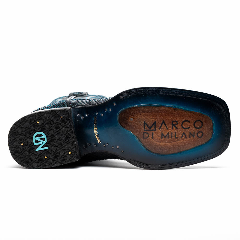Sole view of Missouri Black / Blue genuine Python skin cowboy boot with brand logo, showcasing craftsmanship and exotic materials.