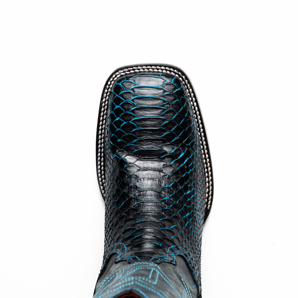 Missouri Black / Blue genuine Python skin cowboy boot with square toe design.