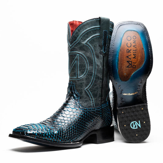 Missouri Black / Blue genuine Python skin cowboy boots with square toe and full-grain leather shaft, bold design from the Western Collection.