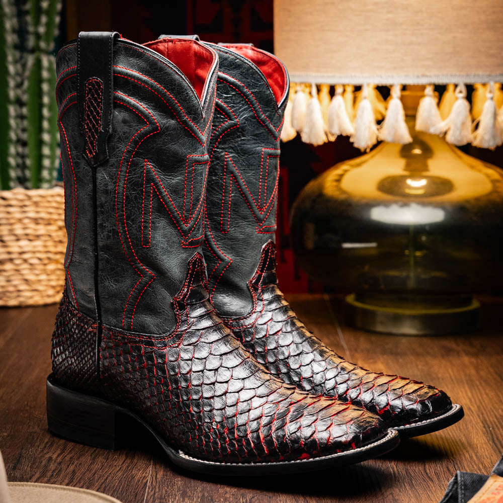 Missouri BlackCherry Python Skin Cowboy Boot with square toe and rich texture