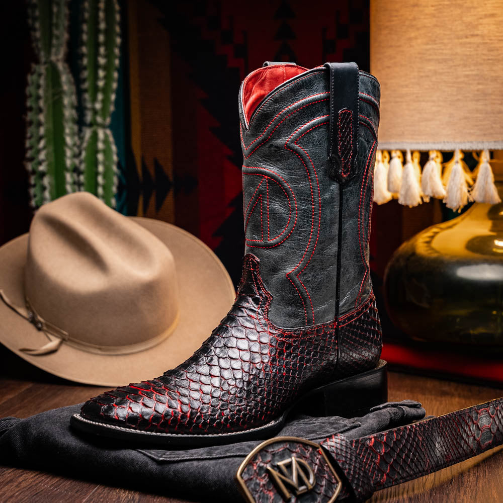Missouri BlackCherry Python Skin Cowboy Boot from the Western Collection with square toe design