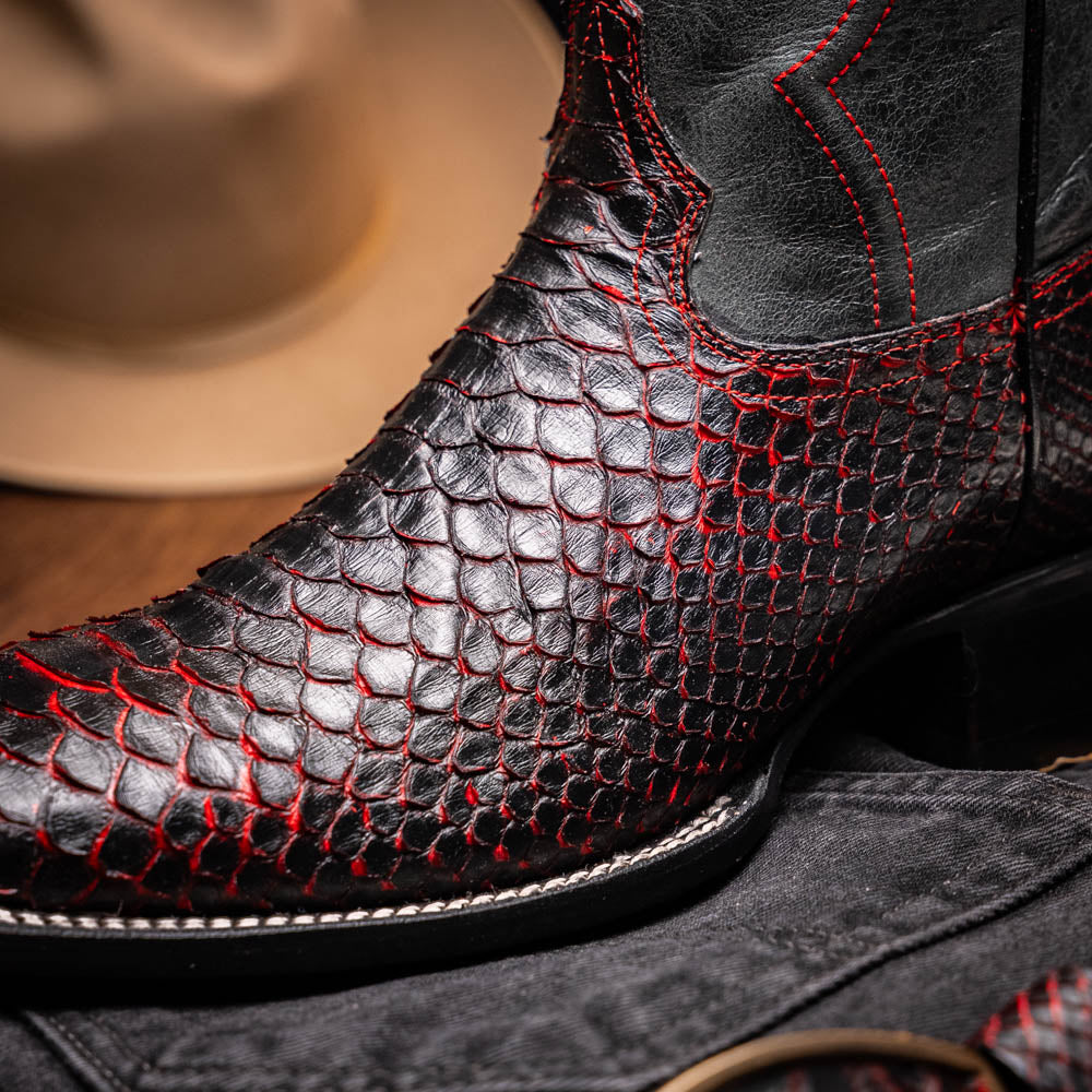 Missouri BlackCherry genuine Python cowboy boot with square toe and full-grain leather shaft from the Western Collection.