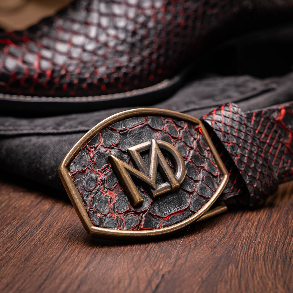 Missouri BlackCherry cowboy boot with genuine Python skin from the Western Collection, emphasizing rich texture and craftsmanship.