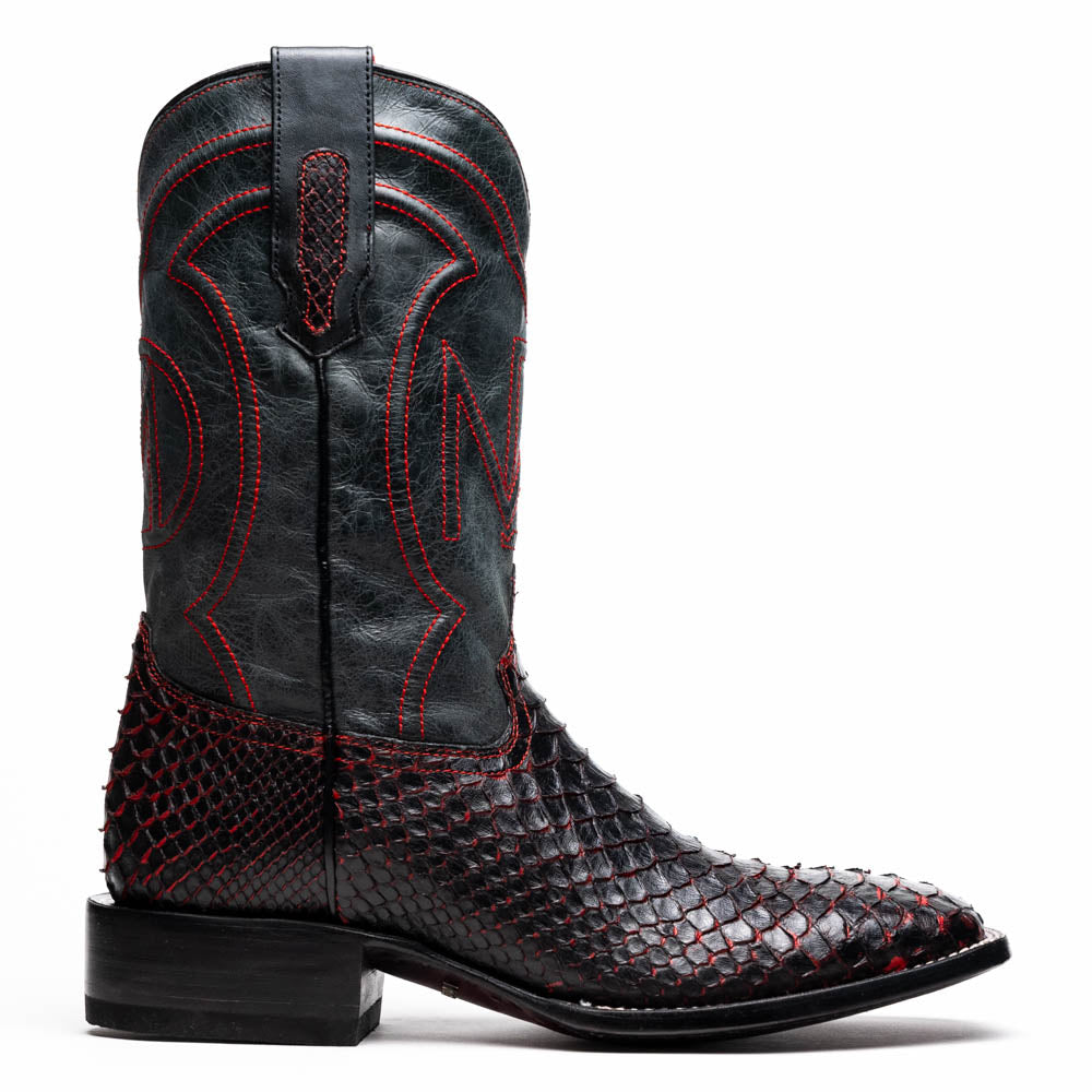 Missouri BlackCherry genuine Python skin cowboy boot with square toe and full-grain leather shaft, featuring Western design elegance.