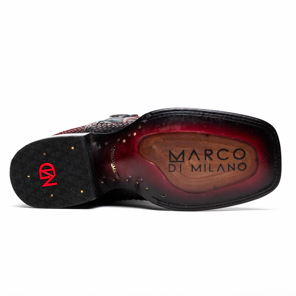 Sole view of Missouri BlackCherry genuine Python cowboy boot with Marco di Milano branding.