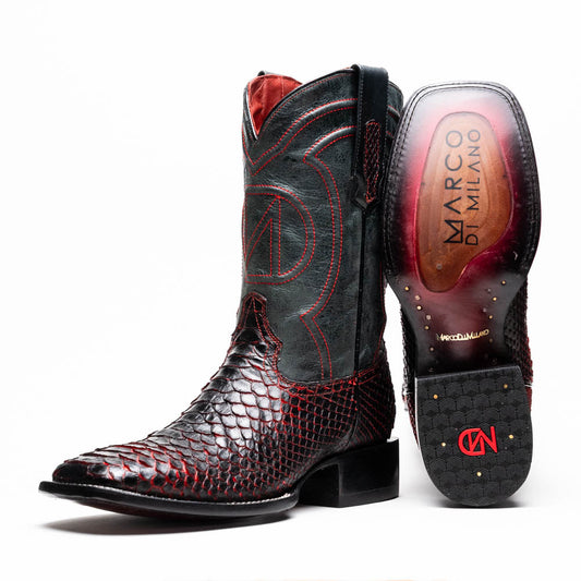 Missouri BlackCherry genuine python skin cowboy boots with square toe design.