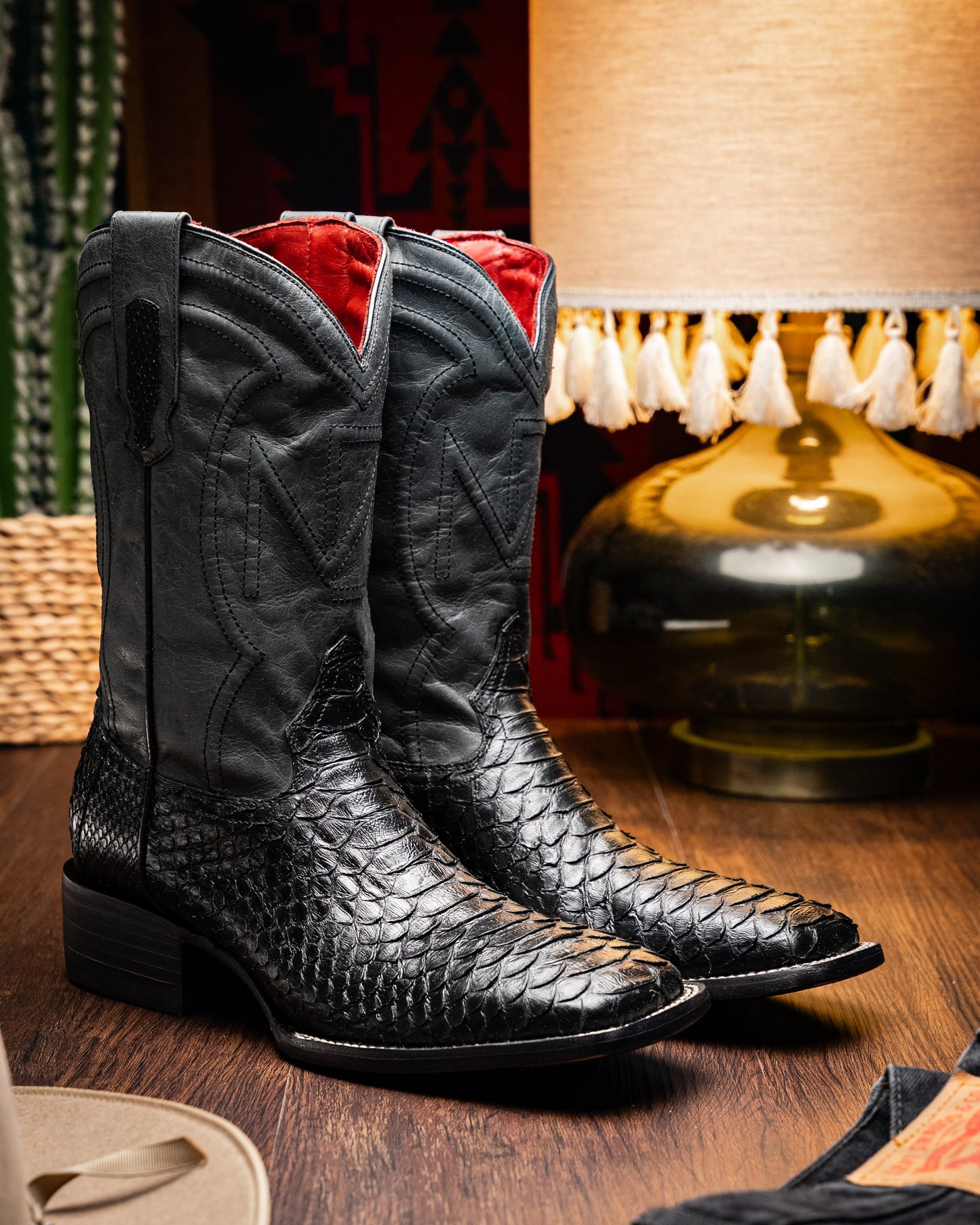 Missouri Black genuine Python skin cowboy boot with square toe, handcrafted from exotic materials, showcasing Western design.