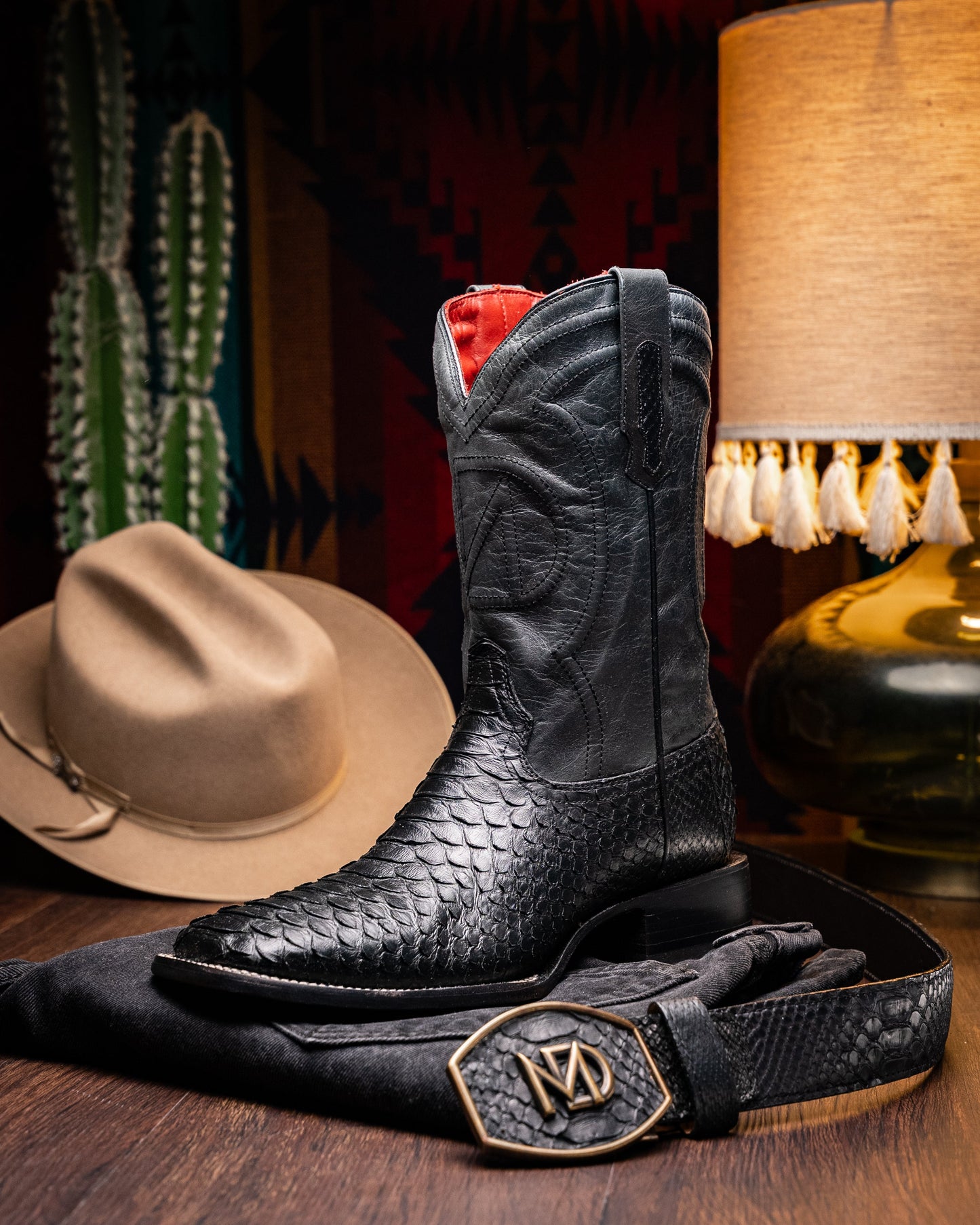 Missouri Black Python Skin Cowboy Boot with Belt and Hat