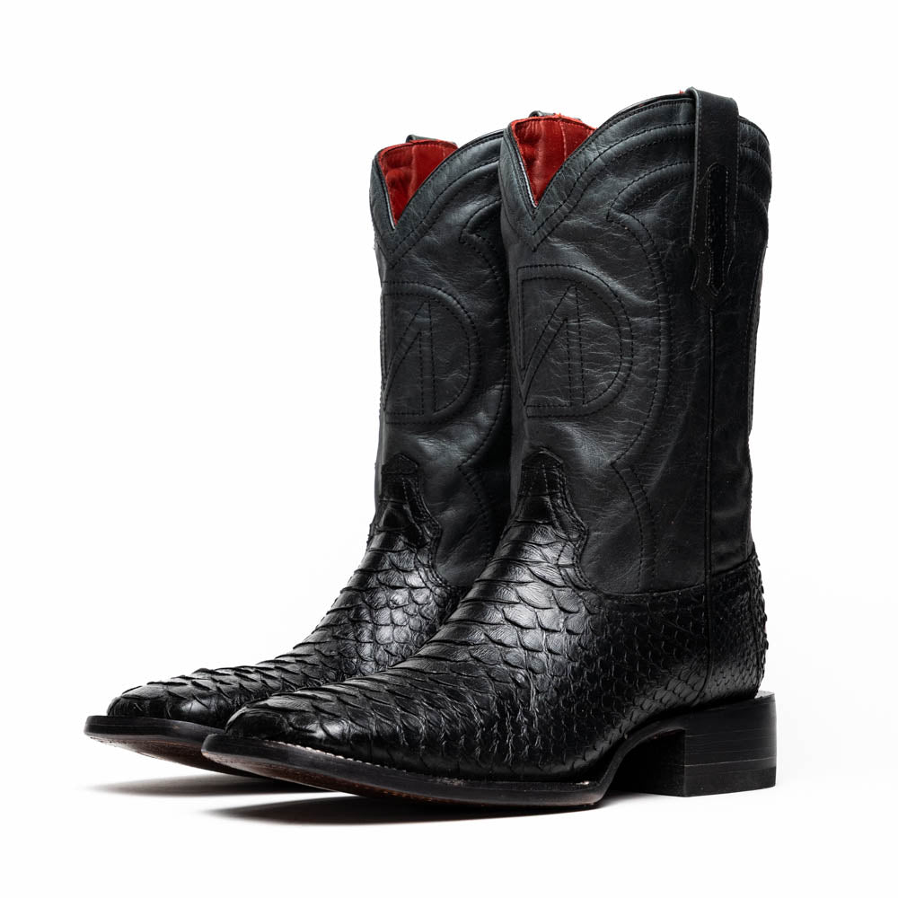 Missouri Black genuine Python skin cowboy boots with square toe design, part of the Western Collection, handcrafted for bold style.