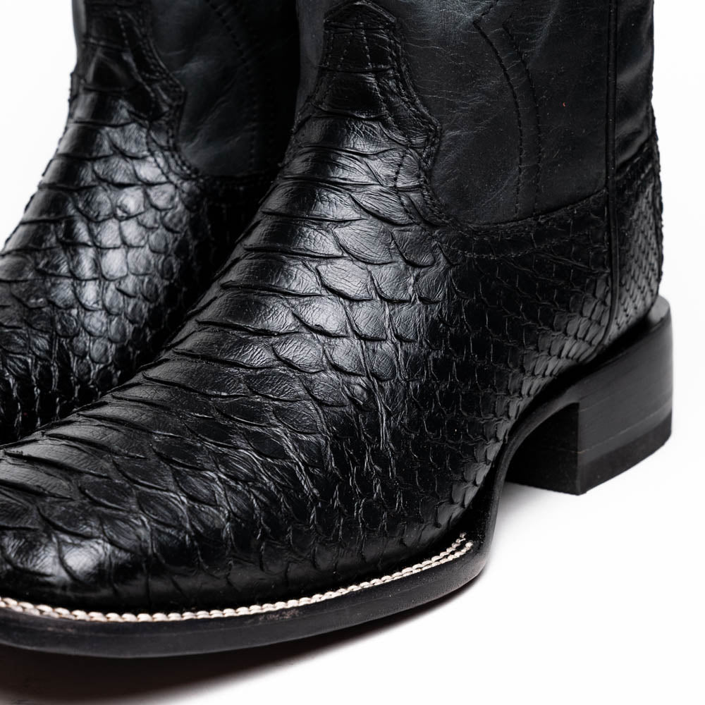 Missouri Black genuine Python skin cowboy boot with square toe and full-grain leather shaft, Western Collection.