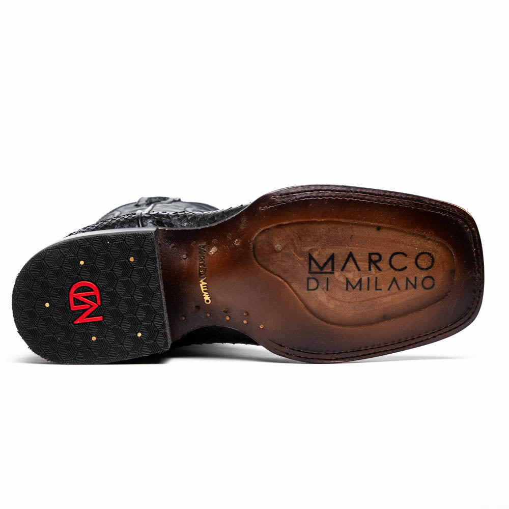 Sole view of Missouri Black Python Skin Cowboy Boot with Marco di Milano branding.