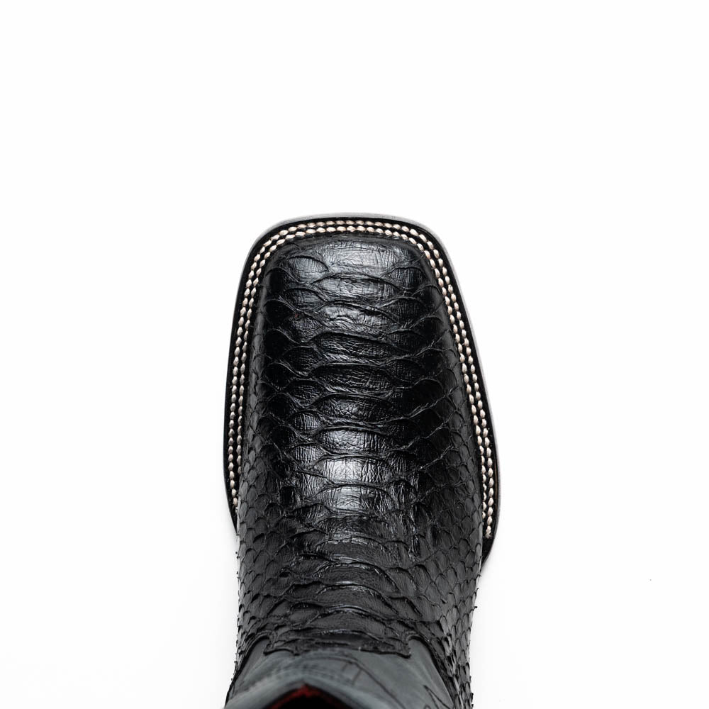 Top view of Missouri Black Genuine Python Skin Cowboy Boot with square toe design