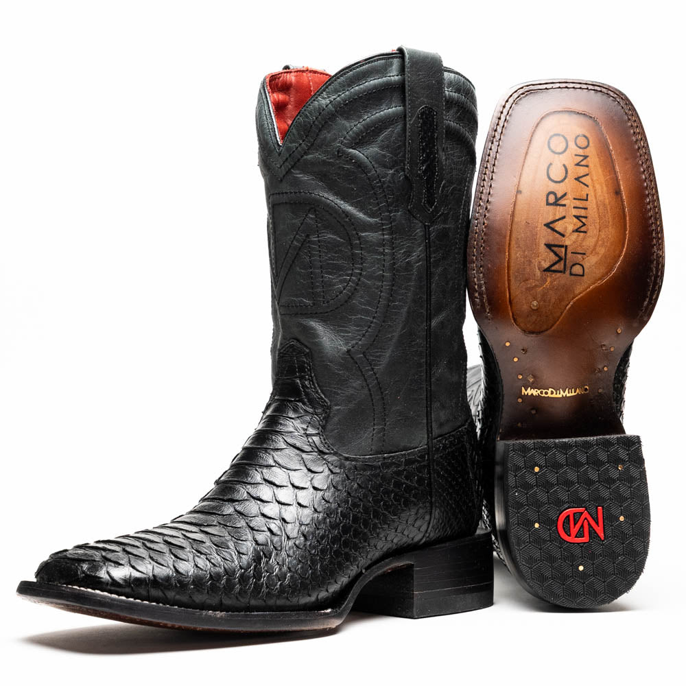 Missouri Black genuine Python skin cowboy boot with square toe, showcasing handcrafted design and full-grain leather shaft.