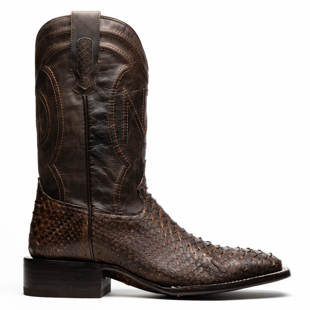 Missouri Brown genuine python skin cowboy boot with square toe and handcrafted design.